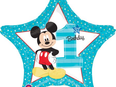 Mickey First Birthday Holographic Star Foil Balloon 18in For Sale